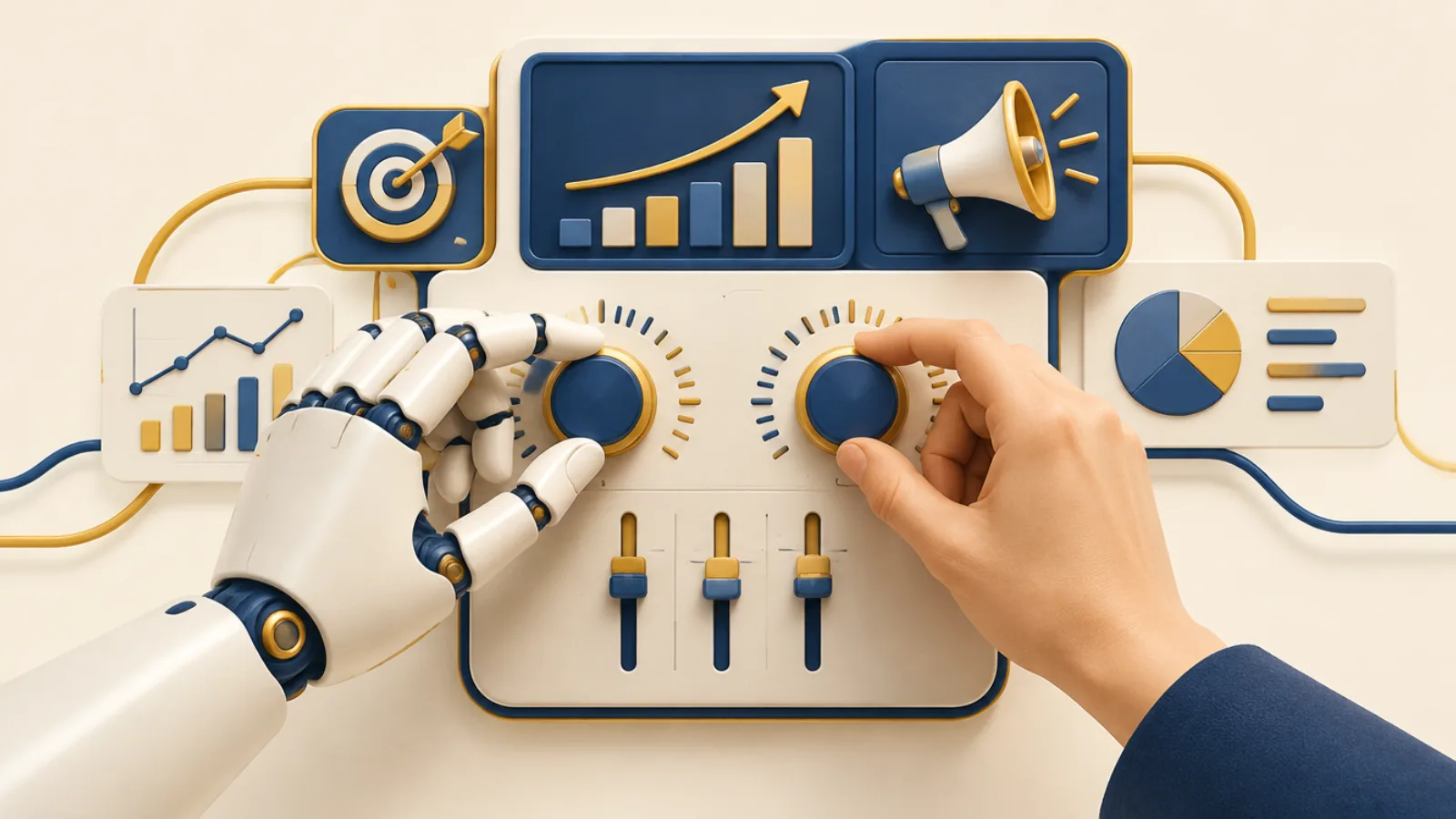 Illustration of a robotic hand and a human hand adjusting dials on an advertising control panel