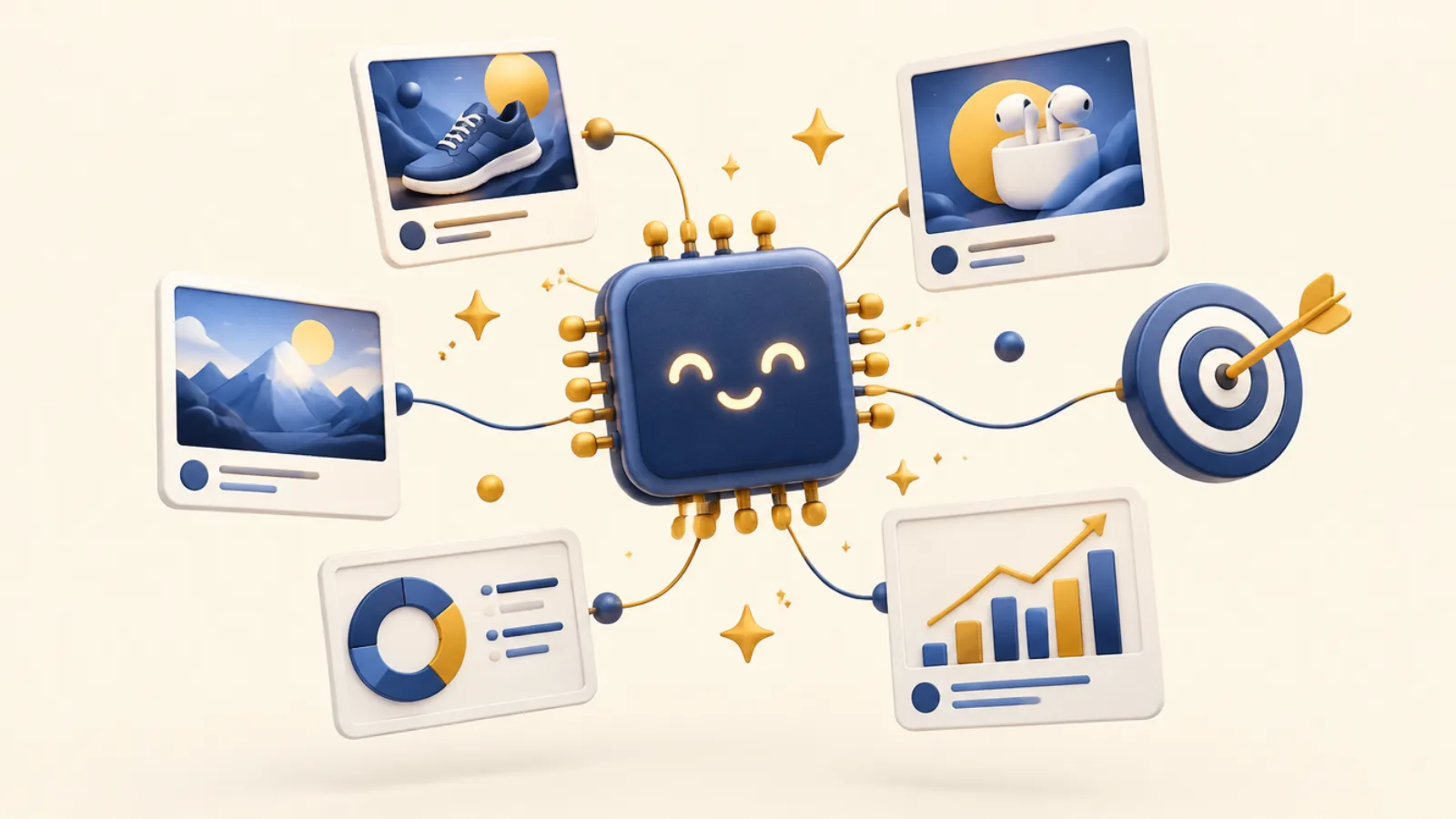 Illustration of an AI chip connected to ad creatives, charts and a target