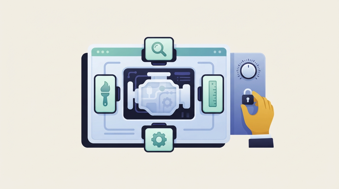 A central ad engine with smaller AI tool modules plugging into it and a padlock key guarding a budget dial