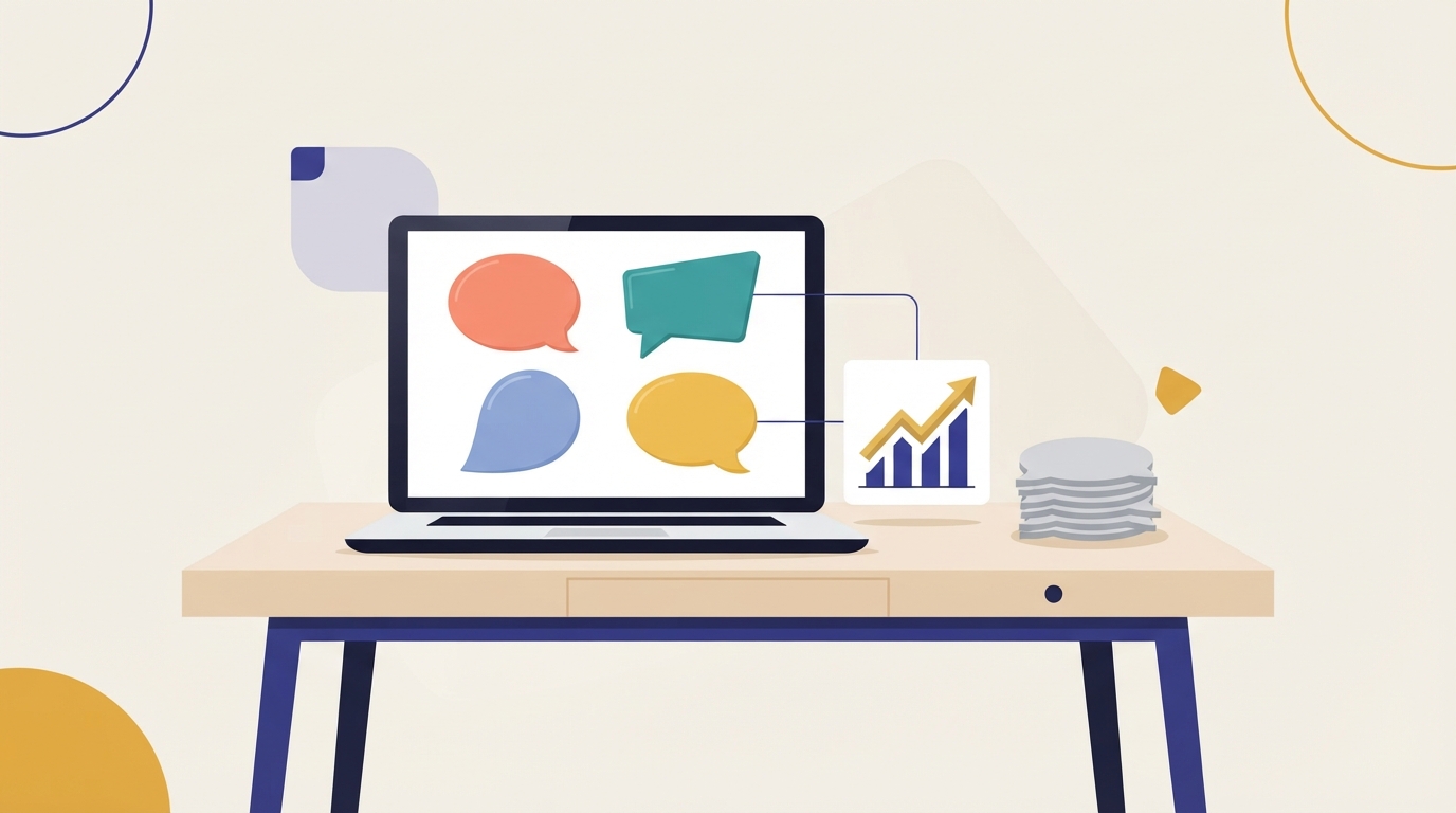 Four distinct ad copy ideas linked to a profit chart, with a pile of identical copy set aside