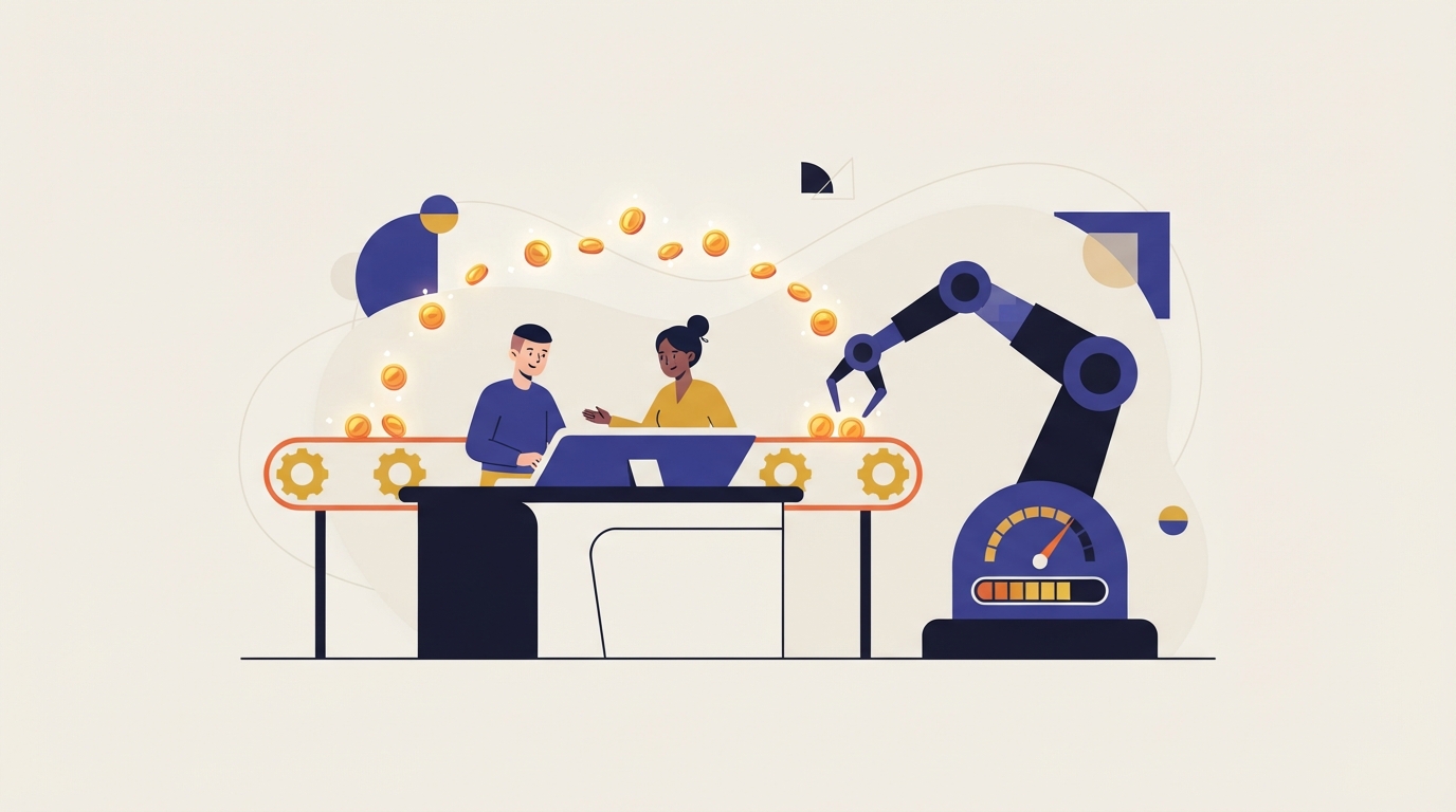 Small marketing team feeding data into an AI ad machine with a fuel gauge