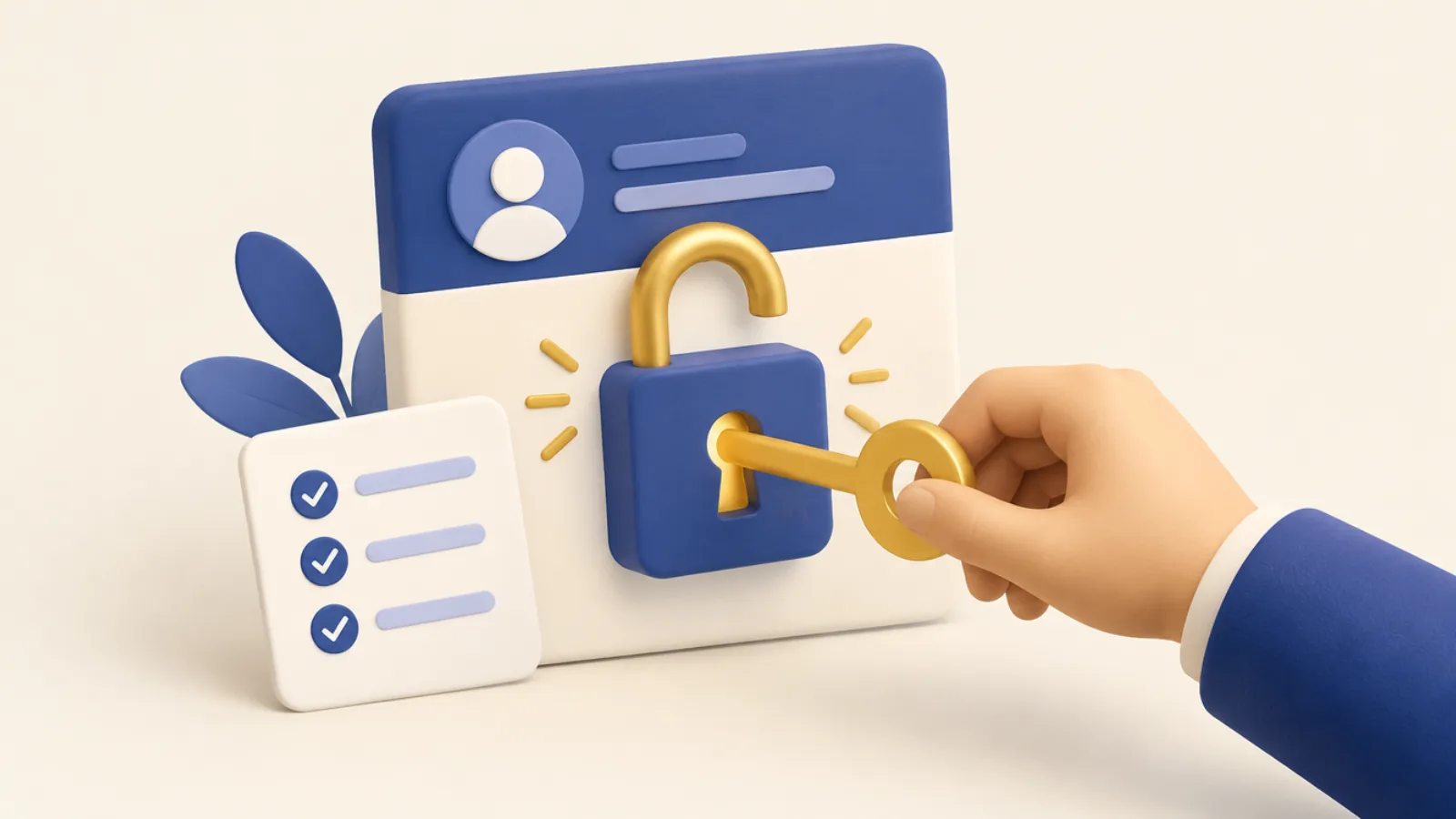 Illustration of a hand unlocking a padlock on an ad account card next to a checklist