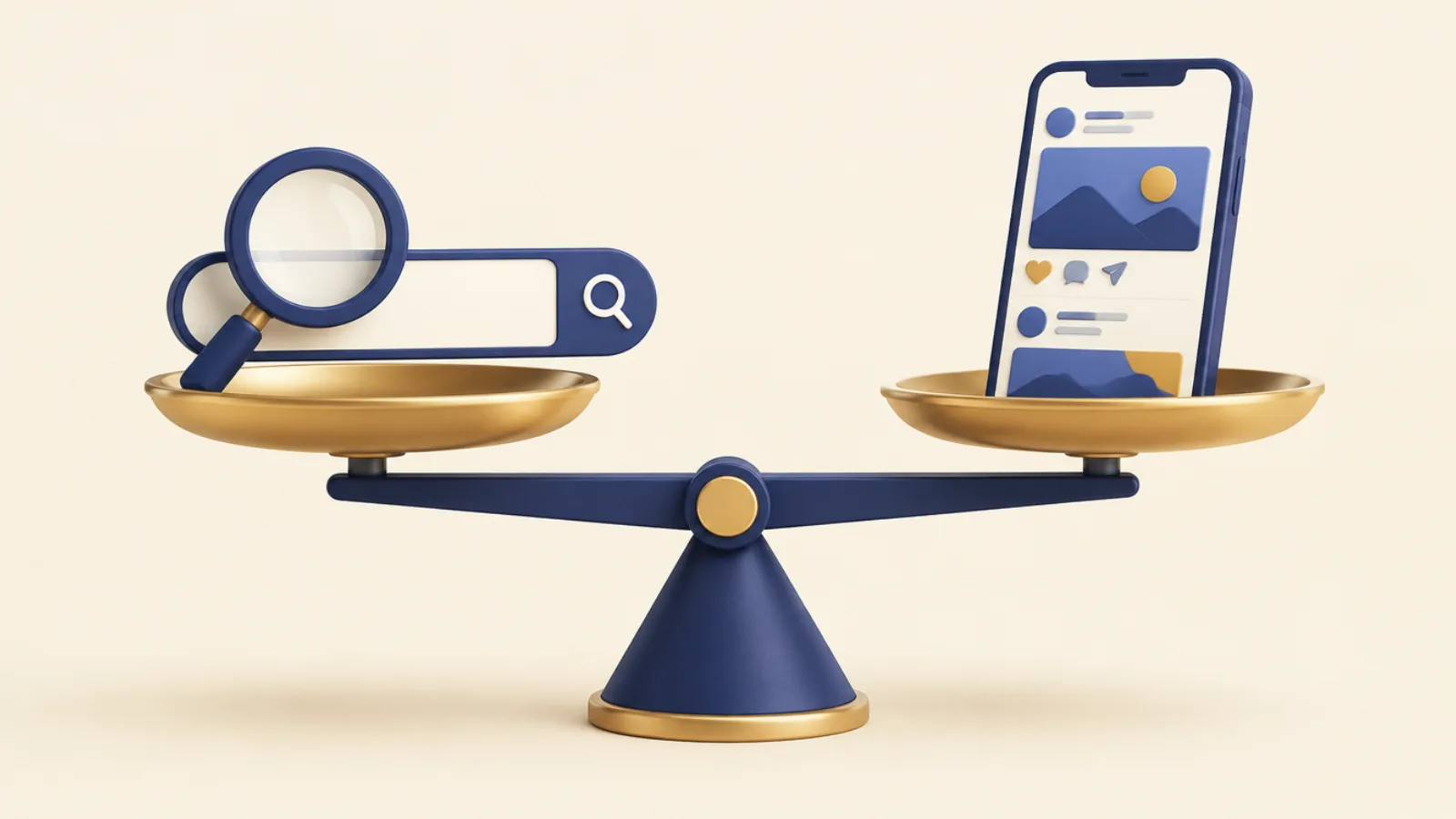 Illustration of a balance scale weighing a search bar against a social media feed