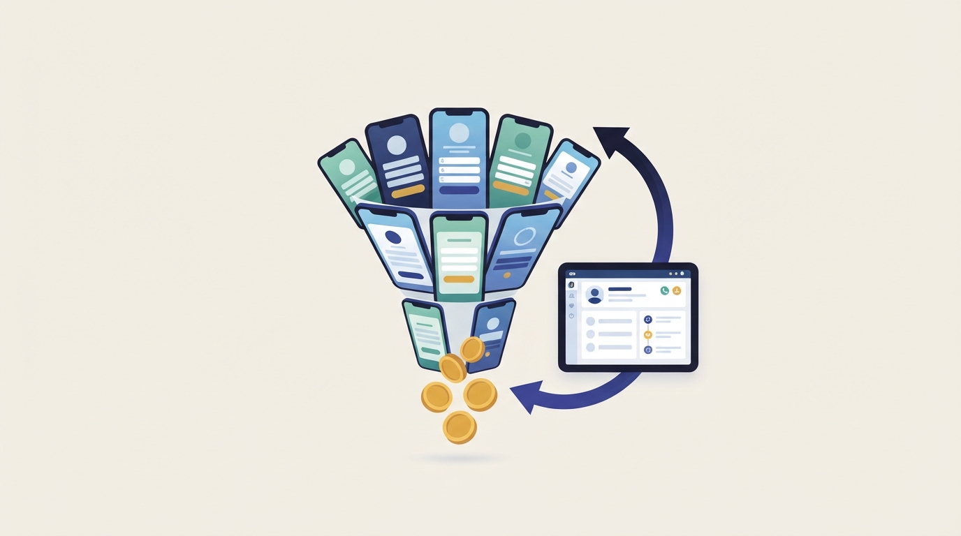 Funnel of lead form screens narrowing into coins, with an arrow looping CRM data back to the top