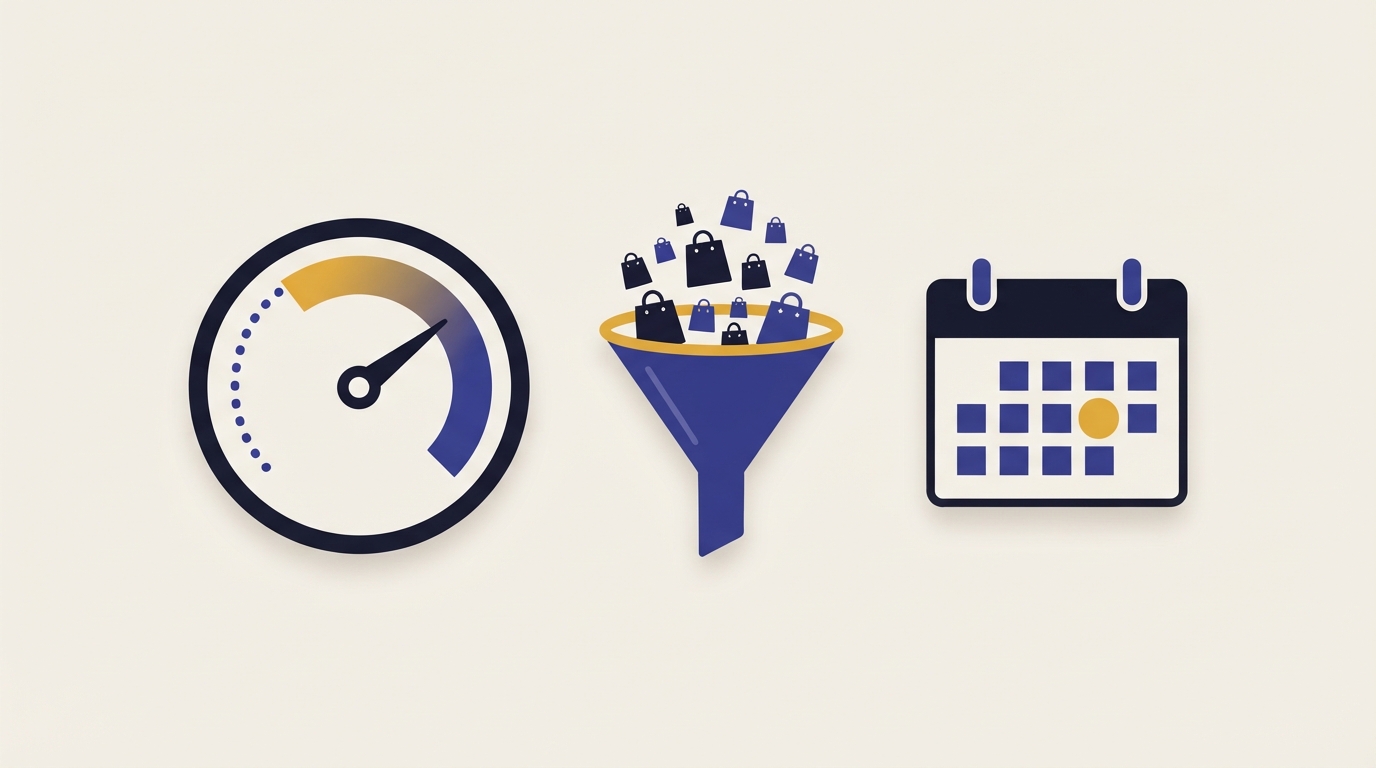 Gauge moving from learning to stable delivery next to a funnel of purchases and a weekly calendar