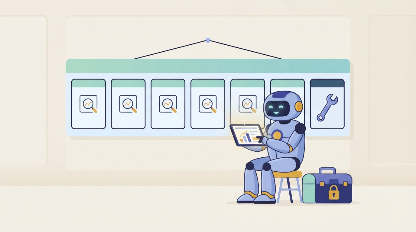 Seven-day calendar with an AI assistant reading ad charts and a single wrench on the last day, showing one batched edit per cycle