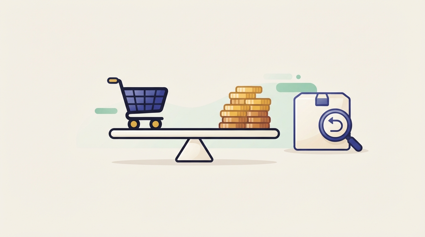 Shopping cart balanced against coins with a returned parcel, showing cost per purchase against profit